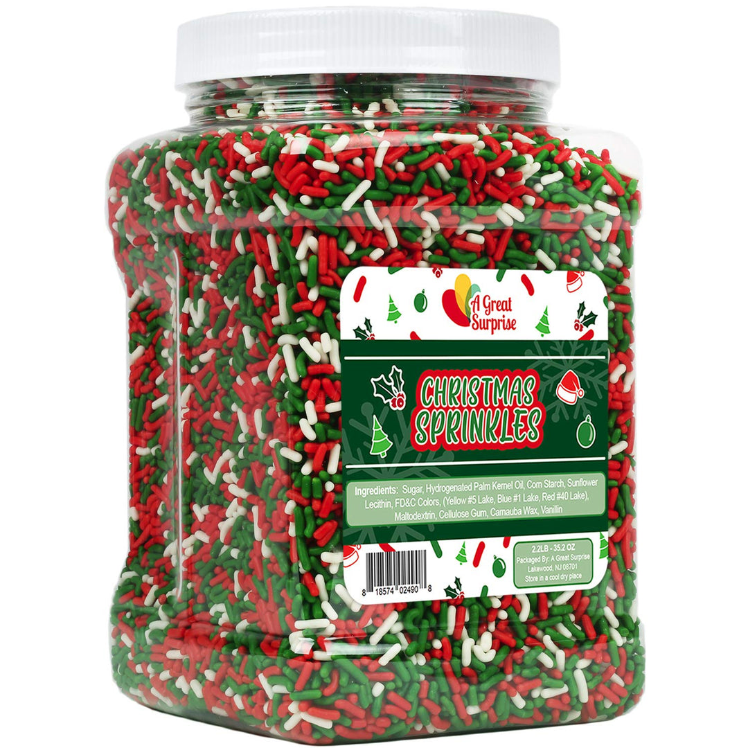 Christmas Sprinkles Bulk - 2.2 LB - Xmas Tree Jimmies - Red, Green & White Confetti for Dessert Decorating - Holiday Baking Toppings for Gingerbread, Cupcakes, Cookies, Cake Pops